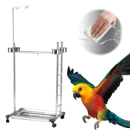 Metal Parrot Stand with Feeding Bowls Large Bird Playstand with Wheels Parrot Training Perch Stand Stainless Steel Bird Supplies